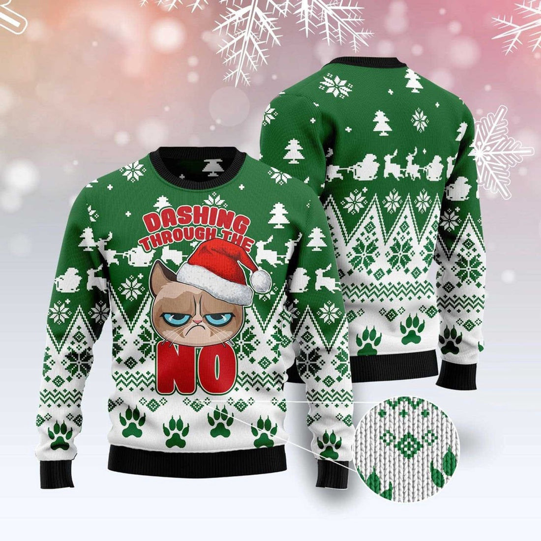 FUNSTUFFPRINT Grumpy Cat Dashing Through Ugly Christmas Sweater, Christmas Cat Ugly Sweater, Ugly Cat Xmas Sweater Ugly Sweater
