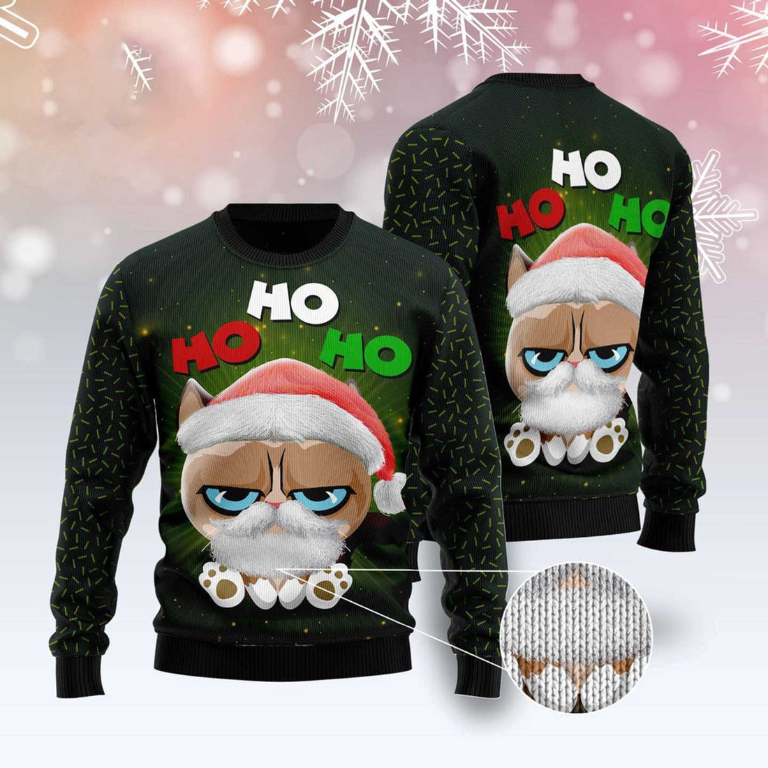 FUNSTUFFPRINT Grumpy Cat Hohoho Ugly Christmas Sweater, Christmas Cat Ugly Sweater, Ugly Cat Xmas Sweater Ugly Sweater