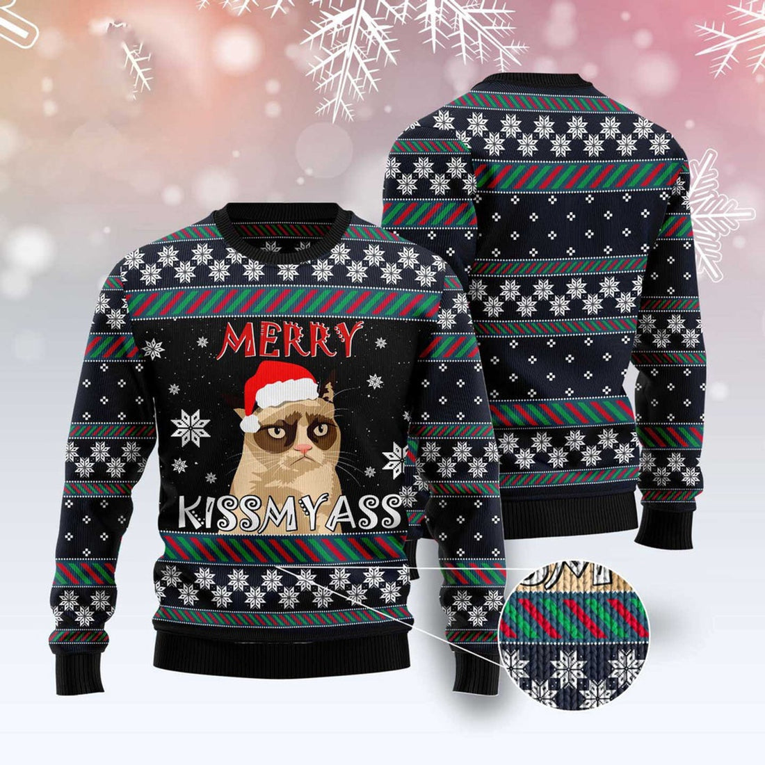 FUNSTUFFPRINT Grumpy Cat Kissmyass Ugly Christmas Sweater, Christmas Cat Ugly Sweater, Ugly Cat Xmas Sweater Ugly Sweater
