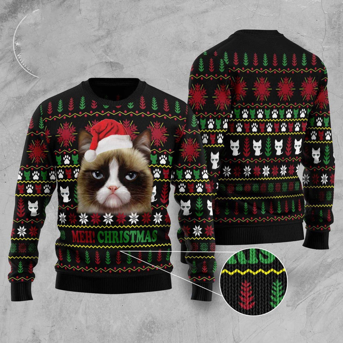 FUNSTUFFPRINT Grumpy Cat Meh! Ugly Christmas Sweater, Christmas Cat Ugly Sweater, Ugly Cat Xmas Sweater Ugly Sweater