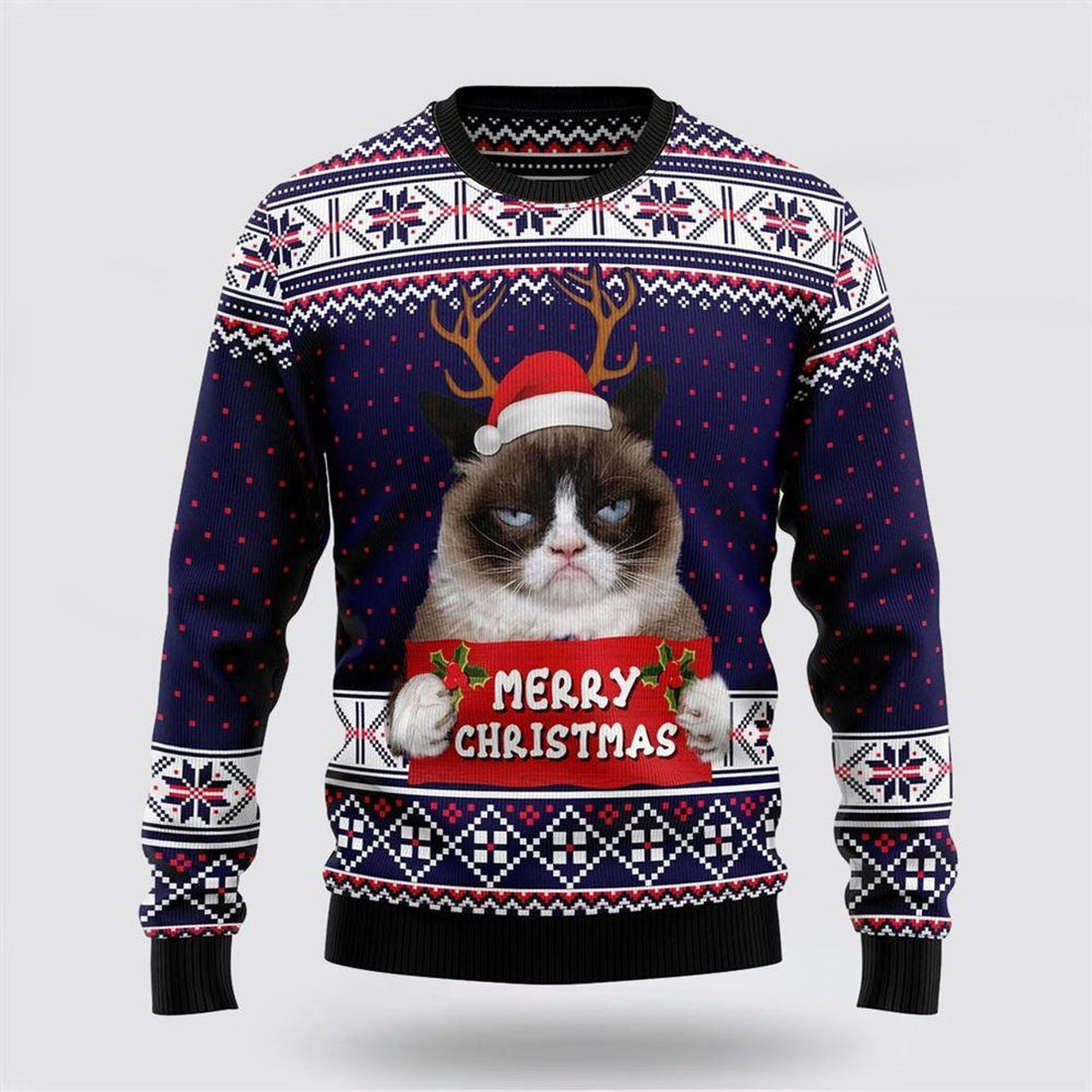 FUNSTUFFPRINT Grumpy Cat Merry Christmas Xmas Santa Hat Ugly Christmas Sweater – Cat Lover Christmas Sweater Ugly  Sweater