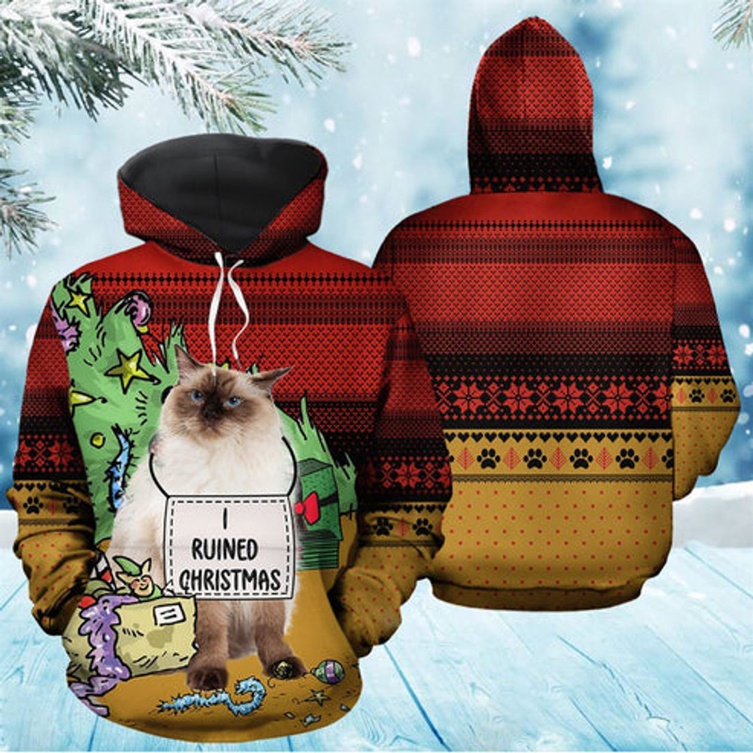 FUNSTUFFPRINT 3D Grumpy Cat Ruined Christmas All Over 3D Hoodie and Zip Hoodie