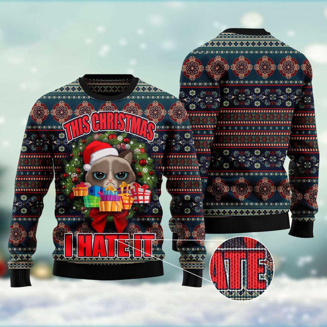 FUNSTUFFPRINT Grumpy Cat This Christmas I Hate It Ugly Christmas Sweater, Christmas Cat Ugly Sweater, Ugly Cat Xmas Sweater Ugly Sweater