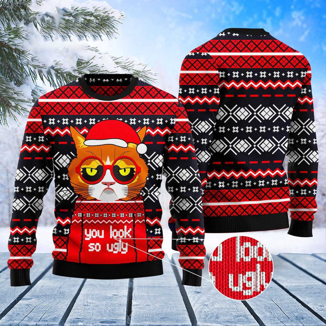 FUNSTUFFPRINT Grumpy Cat You Look So Ugly Ugly Christmas Sweater, Christmas Cat Ugly Sweater, Ugly Cat Xmas Sweater Ugly Sweater