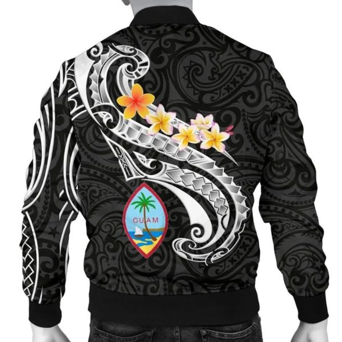 FUNSTUFFPRINT Guam Personalised Men's Bomber Jacket - Guam Seal Polynesian Patterns Plumeria (Black) - Bomber Jacket