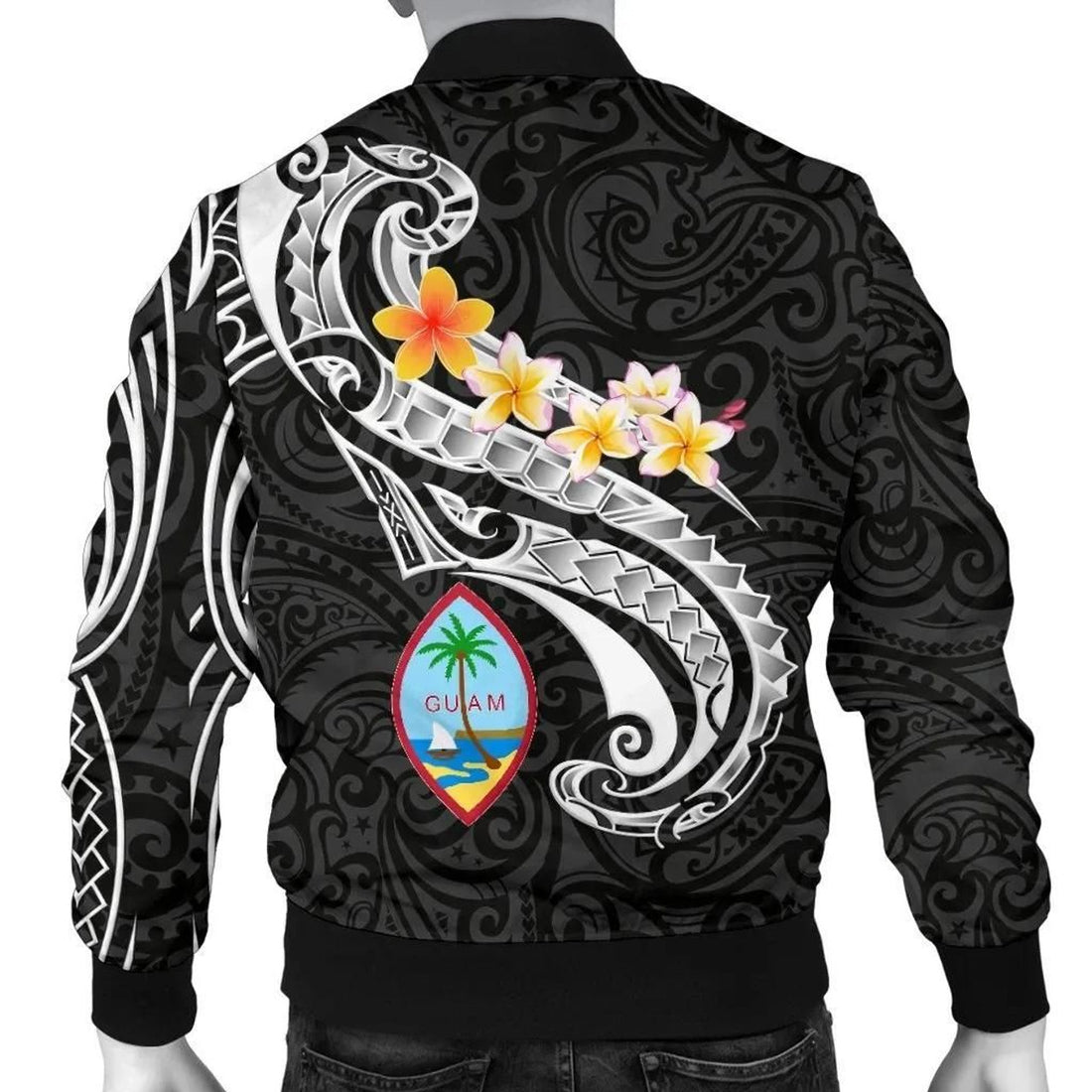 FUNSTUFFPRINT Guam Personalised Men's Bomber Jacket - Guam Seal Polynesian Patterns Plumeria (Black) 3D Bomber Jacket