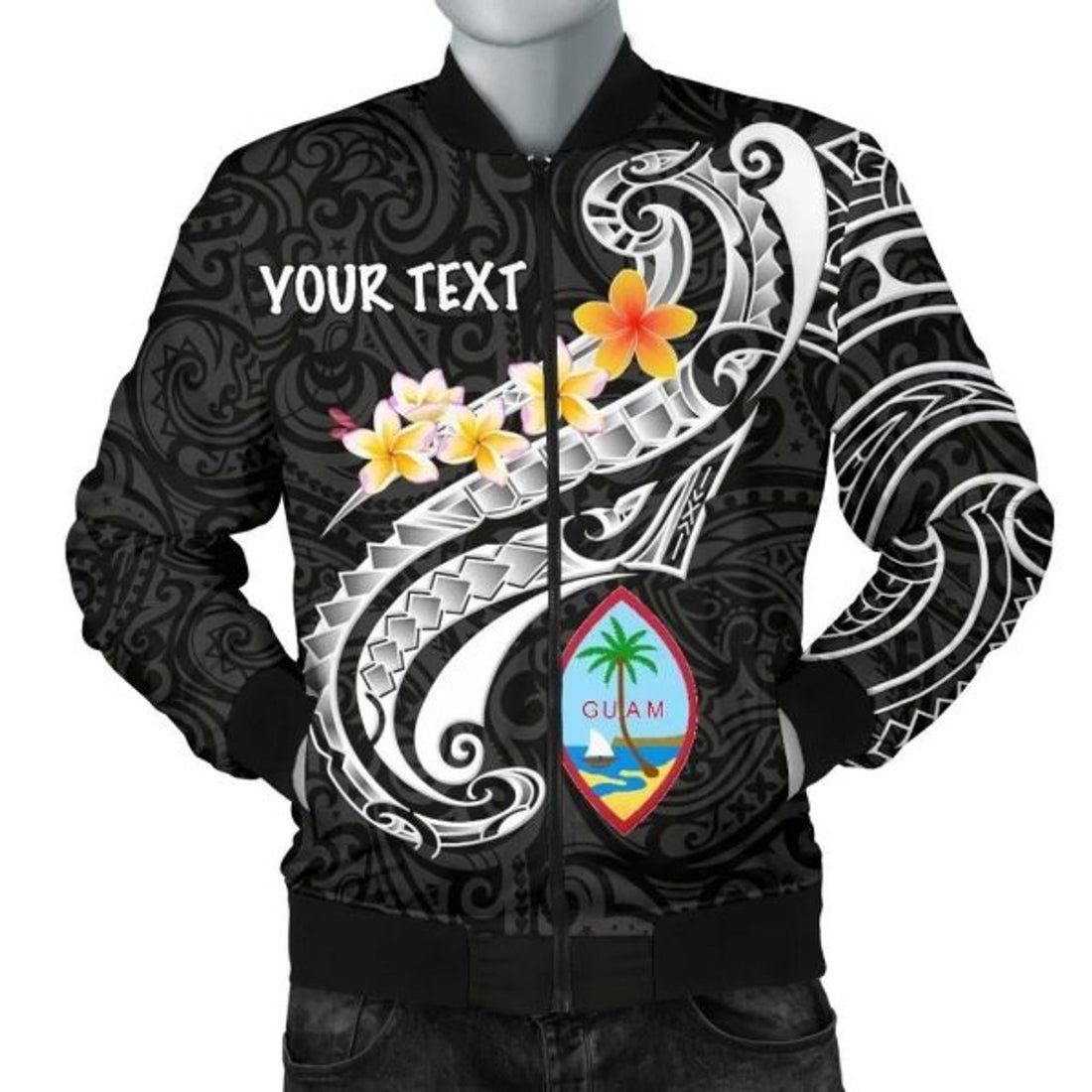 FUNSTUFFPRINT Guam Personalised Men's Bomber Jacket - Guam Seal Polynesian Patterns Plumeria (Black) - Bomber Jacket