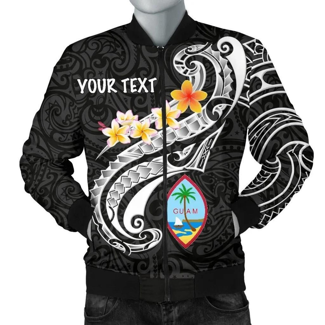 FUNSTUFFPRINT Guam Personalised Men's Bomber Jacket - Guam Seal Polynesian Patterns Plumeria (Black) 3D Bomber Jacket