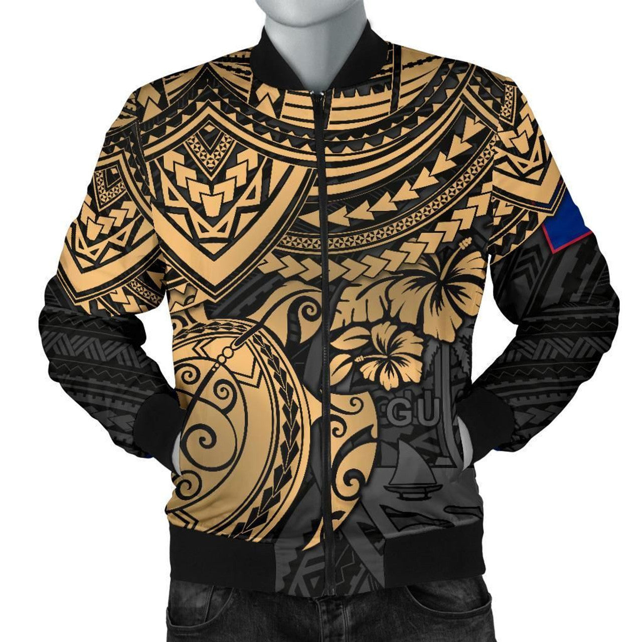 FUNSTUFFPRINT Guam Polynesian Bomber Jacket (Men) - Golden Turtle 3D Bomber Jacket