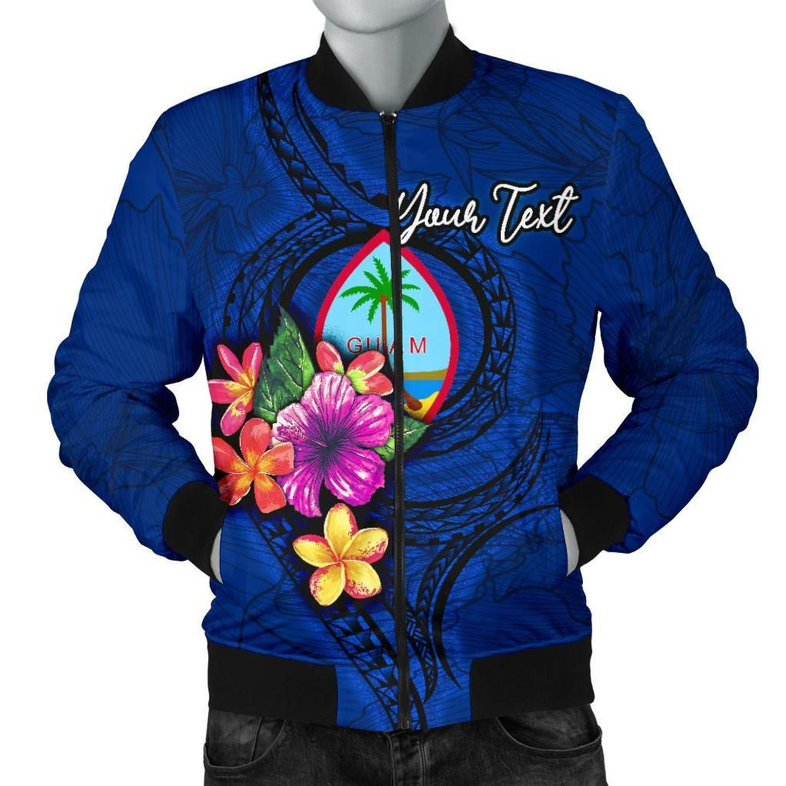 FUNSTUFFPRINT Guam Polynesian Custom Personalised Men's Bomber Jacket - Floral With Seal Blue 3D Bomber Jacket