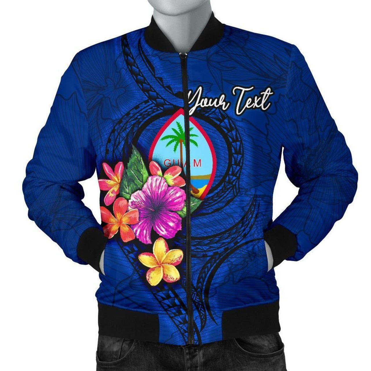 FUNSTUFFPRINT Guam Polynesian Custom Personalised Men's Bomber Jacket - Floral With Seal Blue 3D Bomber Jacket