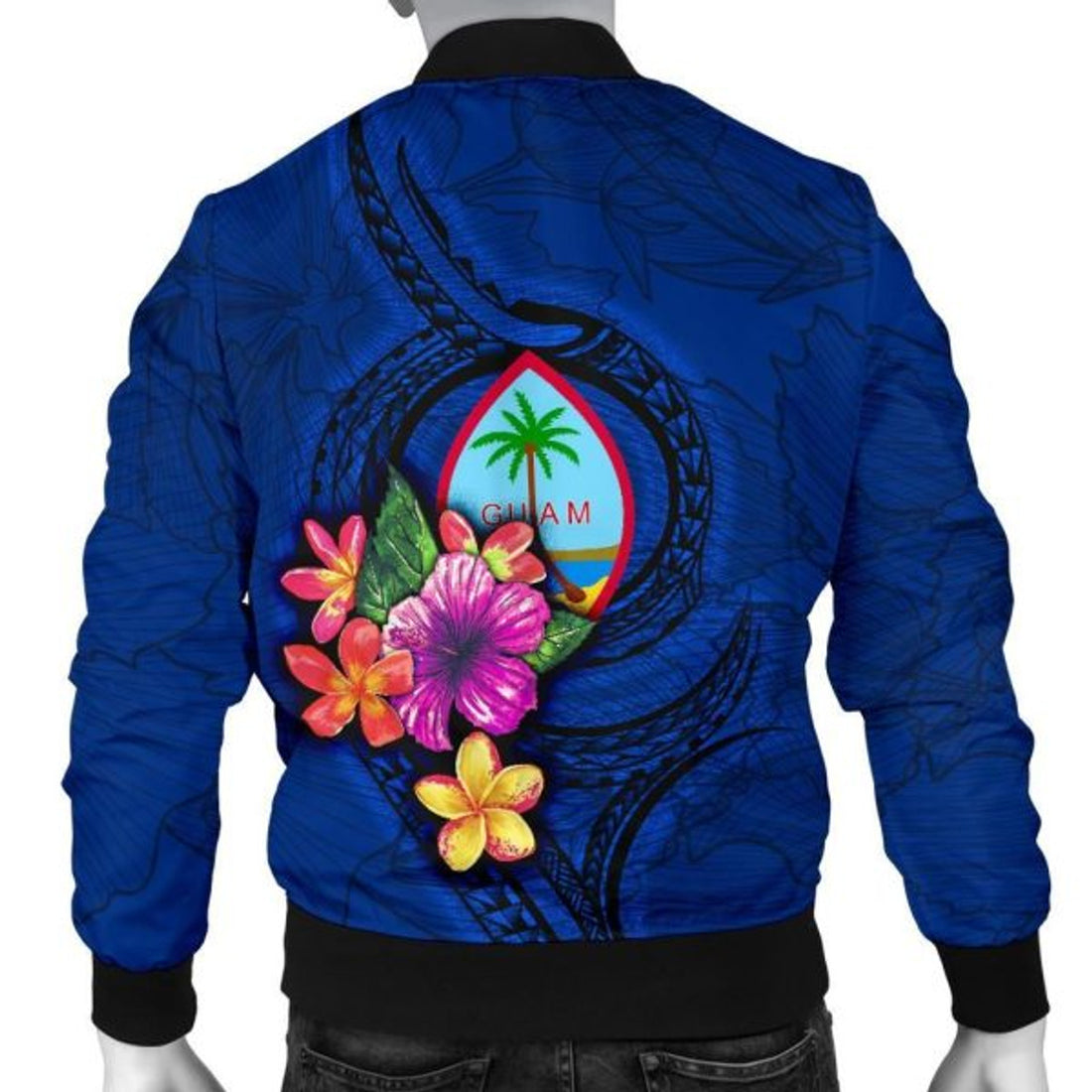FUNSTUFFPRINT Guam Polynesian Custom Personalised Men's Bomber Jacket - Floral With Seal Blue - Bomber Jacket