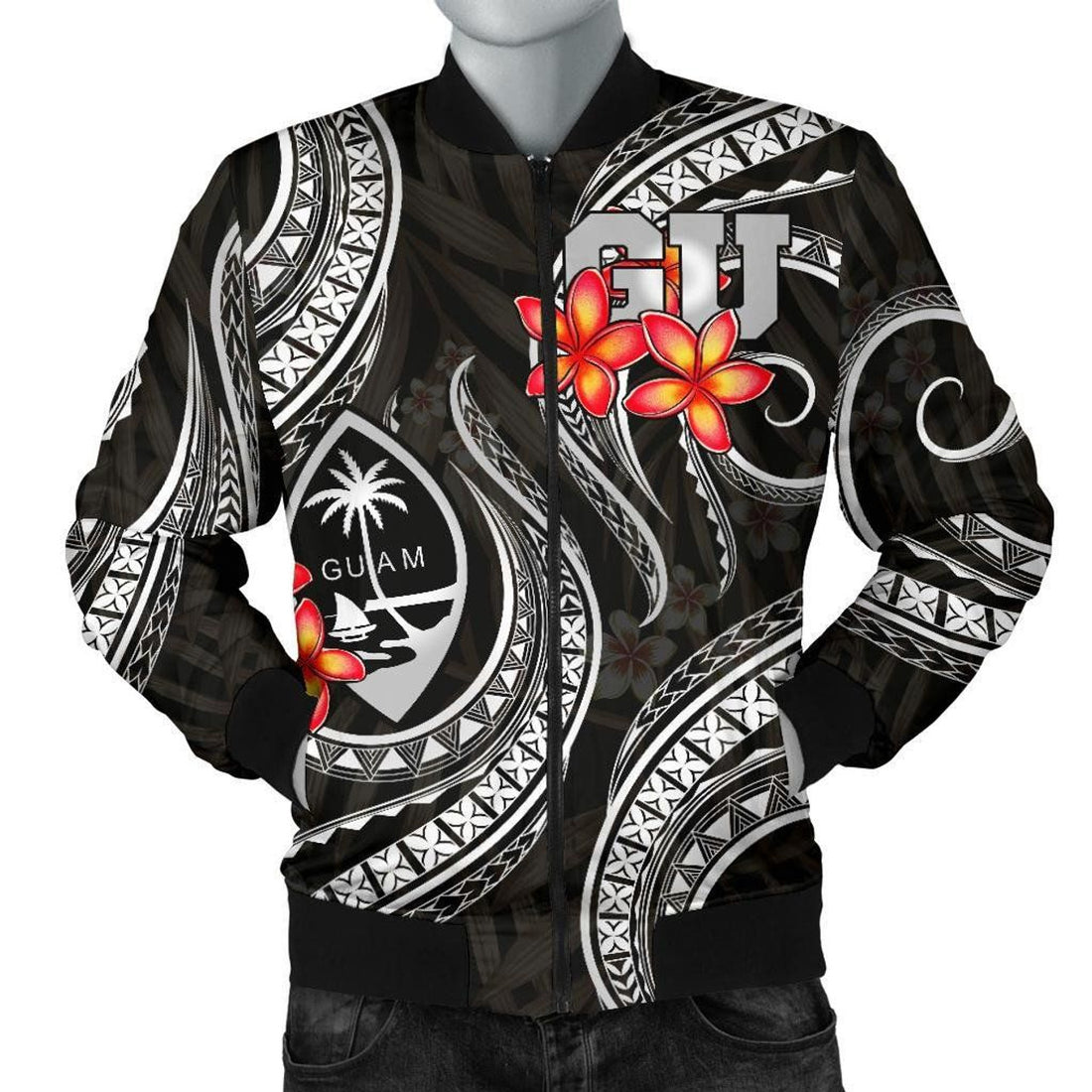 FUNSTUFFPRINT Guam Polynesian Men Bomber Jacket - Black Plumeria 3D Bomber Jacket