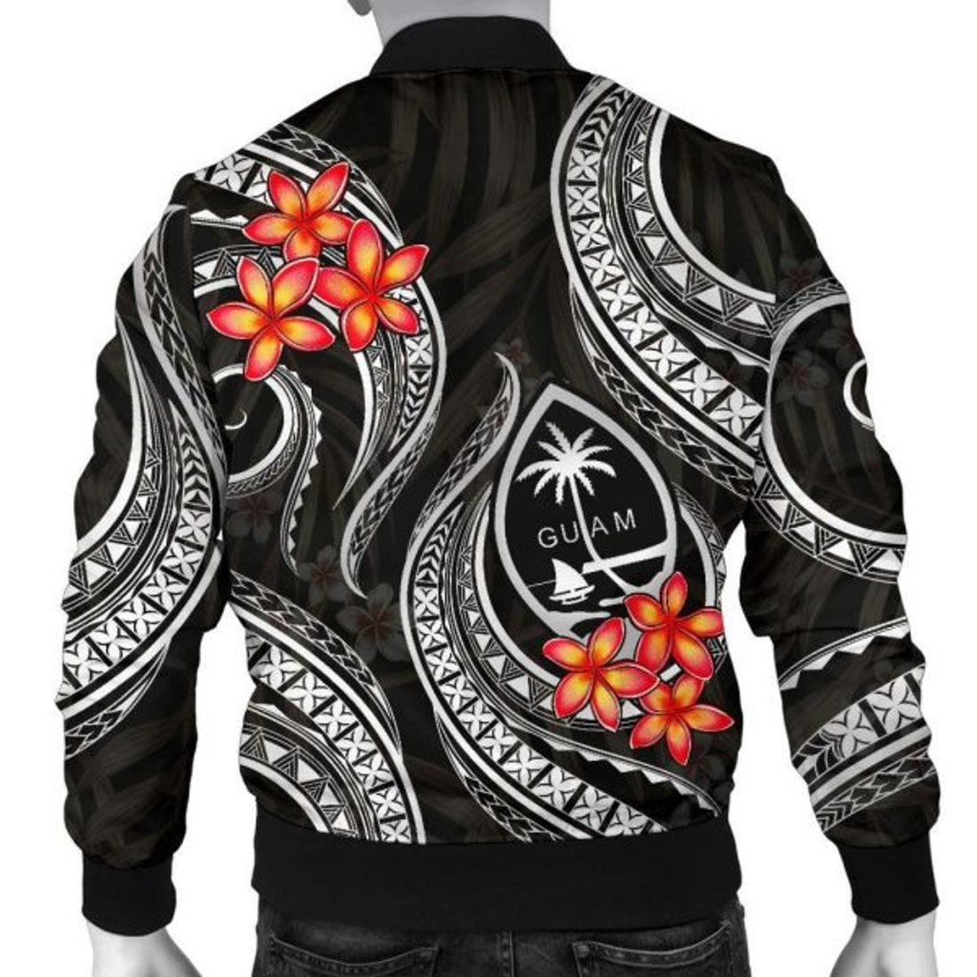 FUNSTUFFPRINT Guam Polynesian Men Bomber Jacket - Black Plumeria - Bomber Jacket