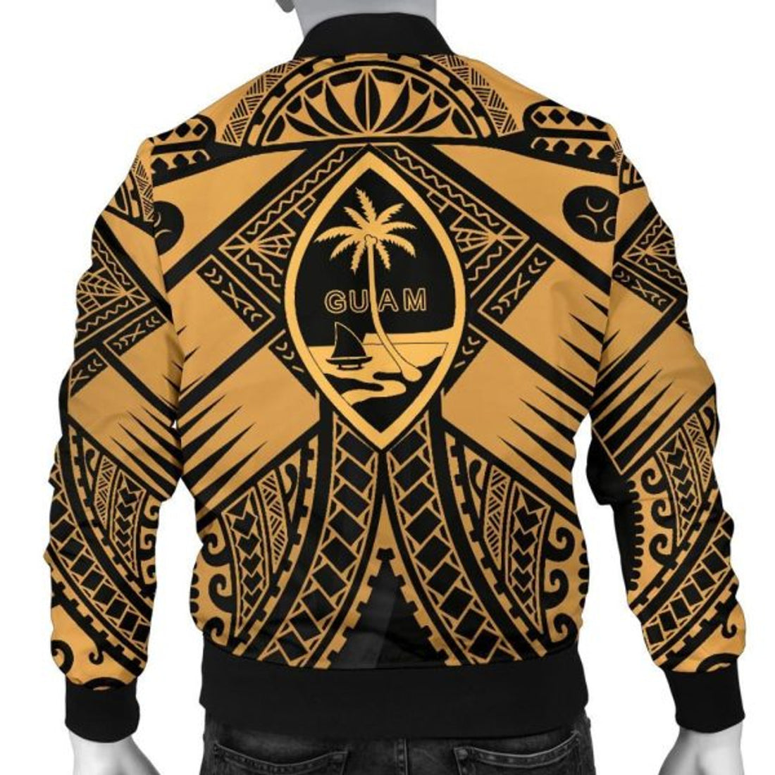 FUNSTUFFPRINT Guam Polynesian Men's Bomber Jacket - Guam Gold Seal with Polynesian Tattoo - Bomber Jacket