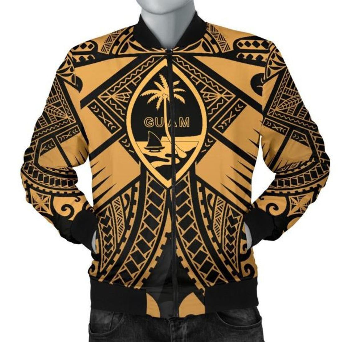 FUNSTUFFPRINT Guam Polynesian Men's Bomber Jacket - Guam Gold Seal with Polynesian Tattoo - Bomber Jacket