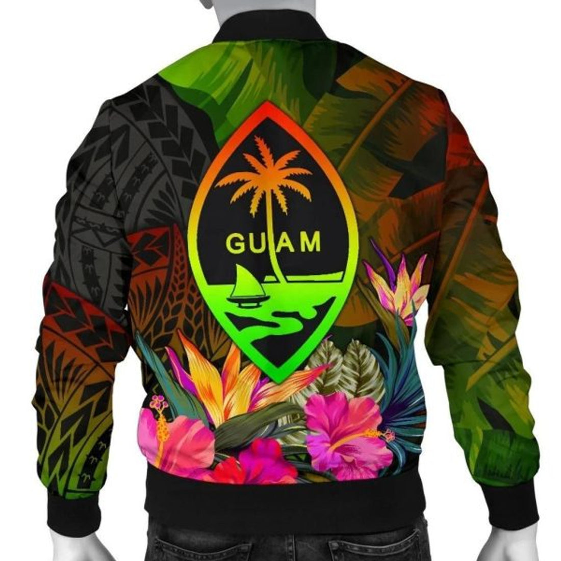 FUNSTUFFPRINT Guam Polynesian Men's Bomber Jacket - Hibiscus and Banana Leaves - Bomber Jacket