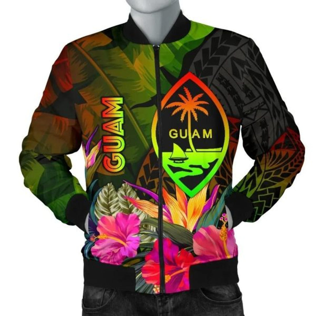 FUNSTUFFPRINT Guam Polynesian Men's Bomber Jacket - Hibiscus and Banana Leaves - Bomber Jacket