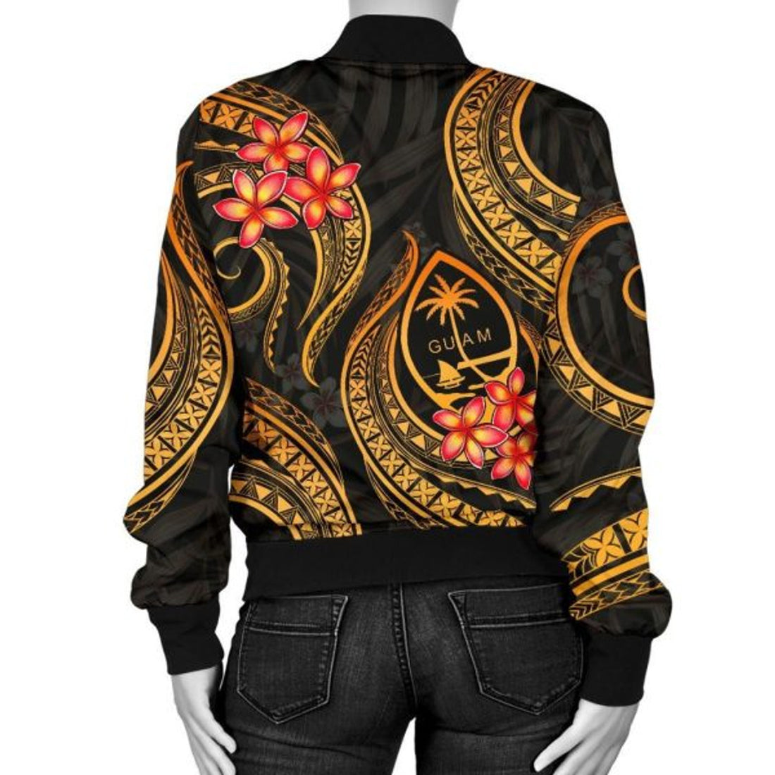 FUNSTUFFPRINT Guam Polynesian Women Bomber Jacket - Gold Plumeria - Bomber Jacket