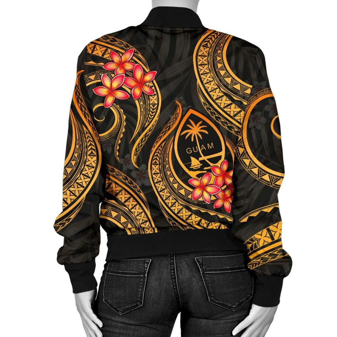 FUNSTUFFPRINT Guam Polynesian Women Bomber Jacket - Gold Plumeria 3D Bomber Jacket