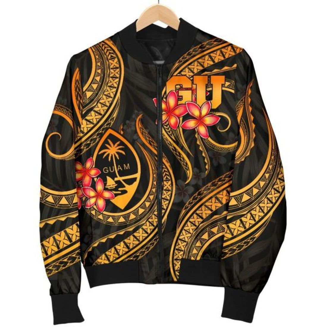 FUNSTUFFPRINT Guam Polynesian Women Bomber Jacket - Gold Plumeria - Bomber Jacket
