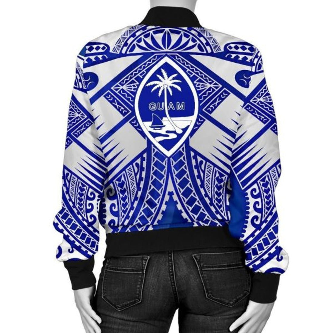 FUNSTUFFPRINT Guam Polynesian Women's Bomber Jacket - Guam White Seal with Polynesian Tattoo Ver 02 - Bomber Jacket