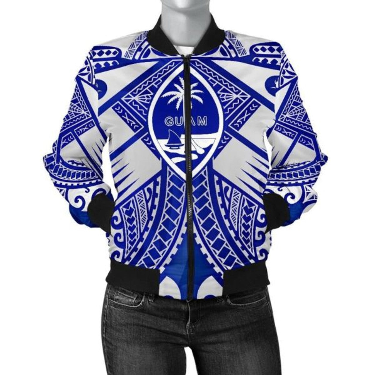 FUNSTUFFPRINT Guam Polynesian Women's Bomber Jacket - Guam White Seal with Polynesian Tattoo Ver 02 - Bomber Jacket