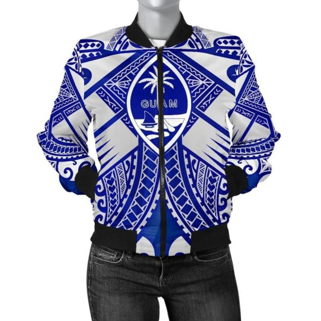 FUNSTUFFPRINT Guam Polynesian Women's Bomber Jacket - Guam White Seal with Polynesian Tattoo Ver 02 - Bomber Jacket