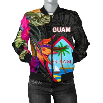 FUNSTUFFPRINT Guam Women's Bomber Jacket - Hibiscus Polynesian Pattern 3D Bomber Jacket