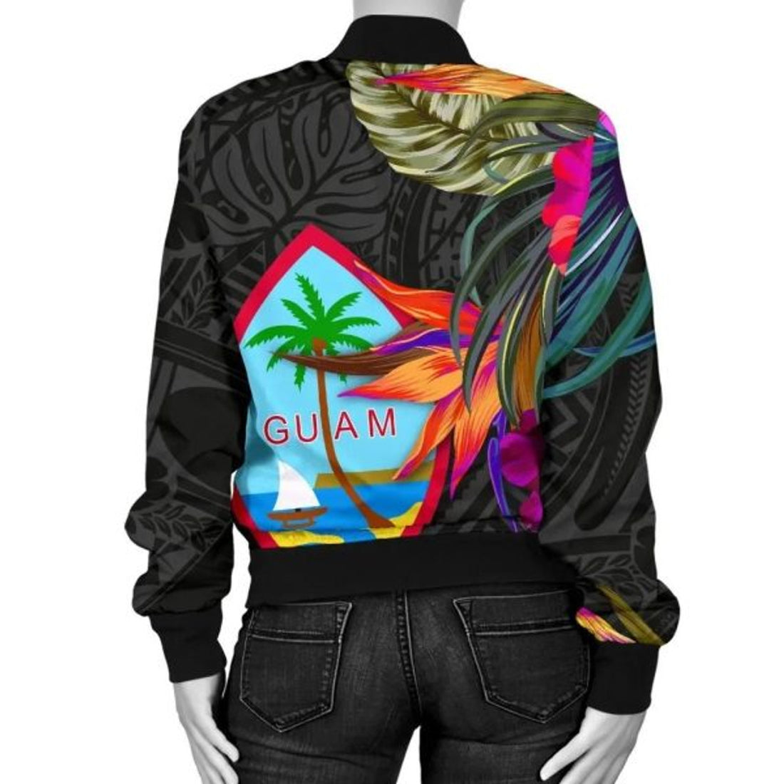 FUNSTUFFPRINT Guam Women's Bomber Jacket - Hibiscus Polynesian Pattern - Bomber Jacket