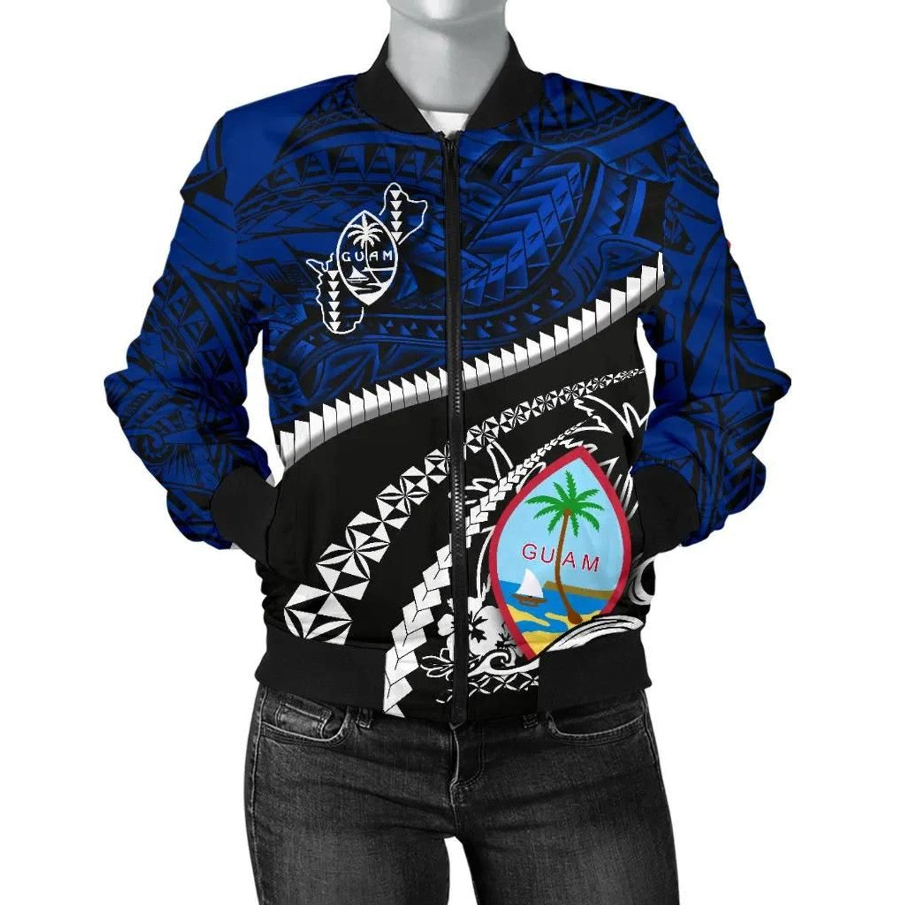 FUNSTUFFPRINT Guam Women's Bomber Jacket Polynesian Shark Tattoo 3D Bomber Jacket