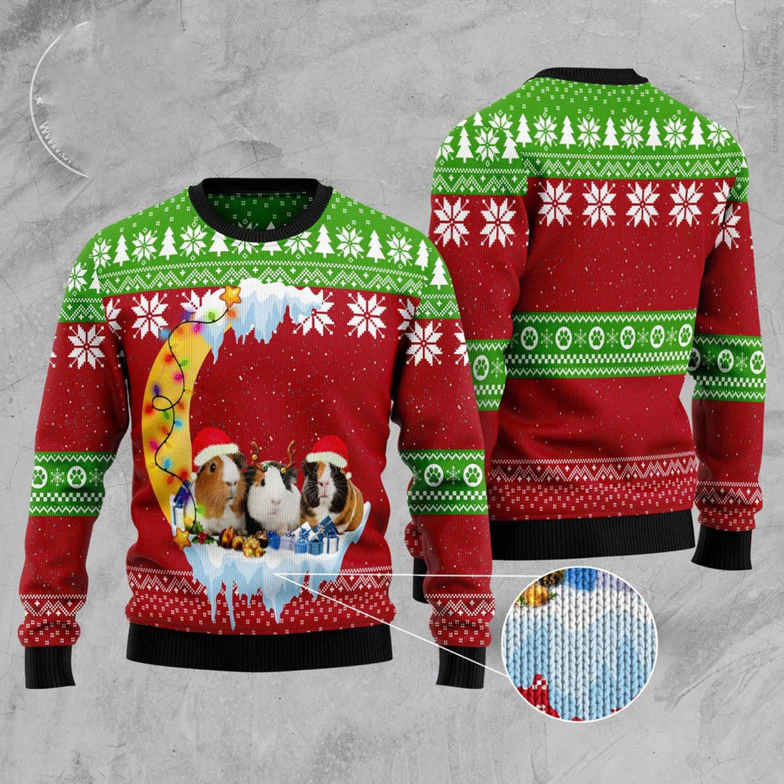 FUNSTUFFPRINT Guinea Pig Love Moon Xmas Ugly Christmas Sweater, Christmas Sweater, Ugly Sweater, Funny Xmas Sweaters Ugly Sweater