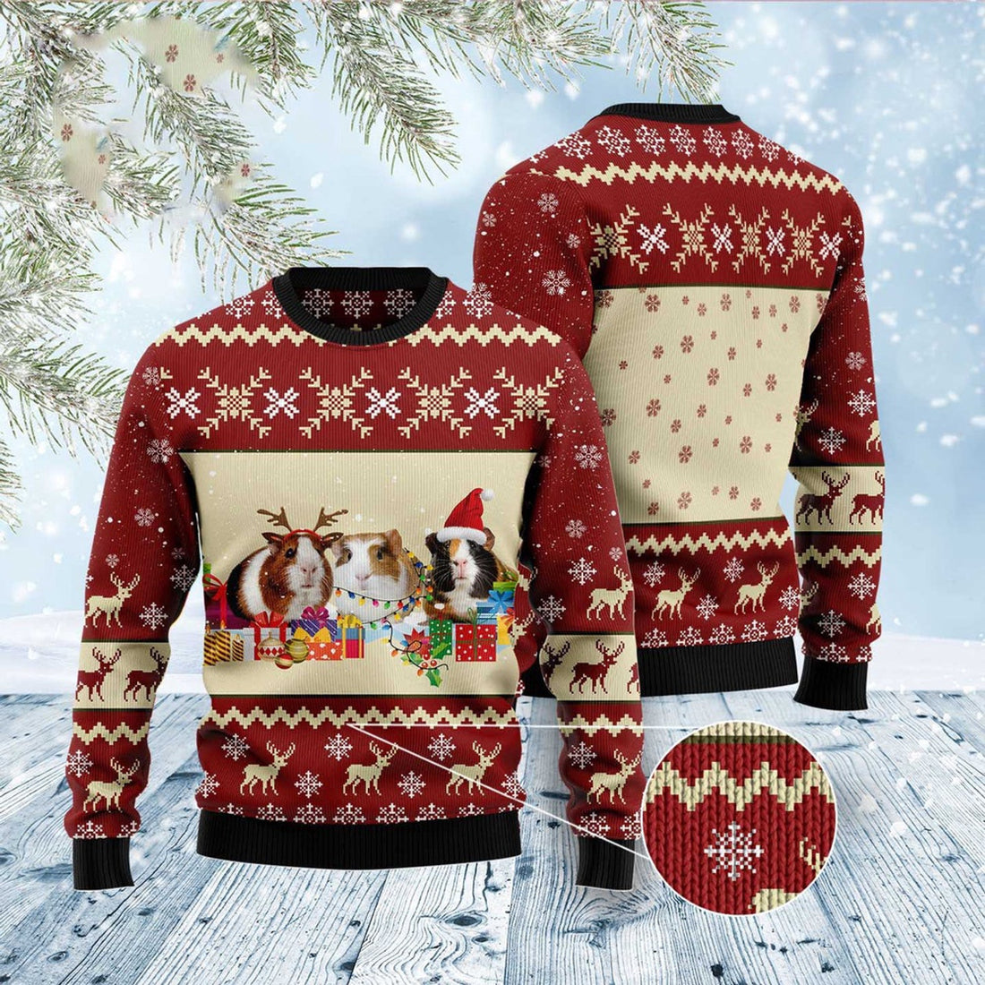 FUNSTUFFPRINT Guinea Pig Snow Ugly Christmas Sweater, Christmas Sweater, Ugly Sweater, Funny Xmas Sweaters Ugly Sweater