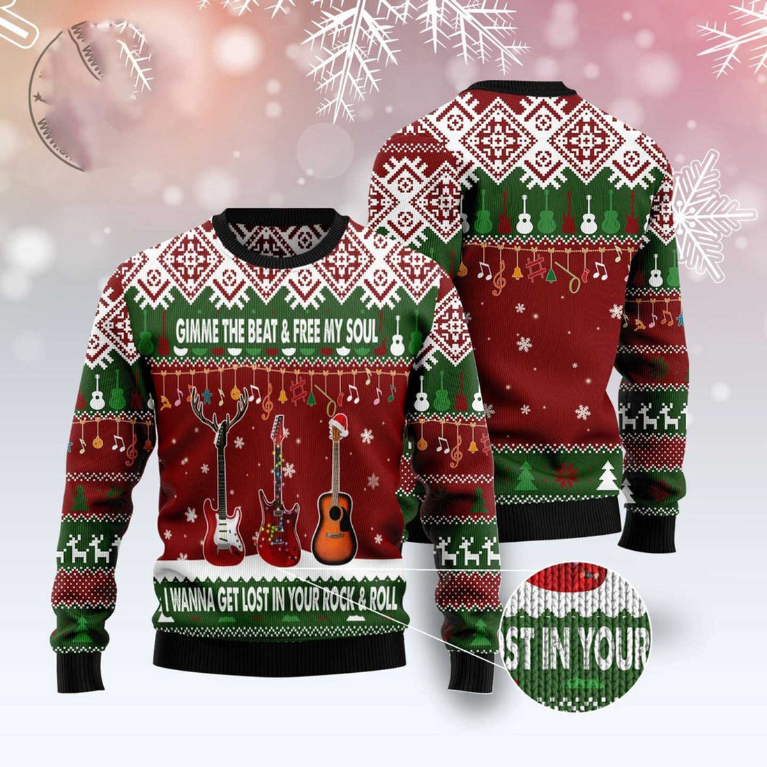 FUNSTUFFPRINT Guitar Gimme The Beat Ugly Christmas Sweater, Christmas Sweater, Ugly Sweater, Funny Xmas Sweaters Ugly Sweater