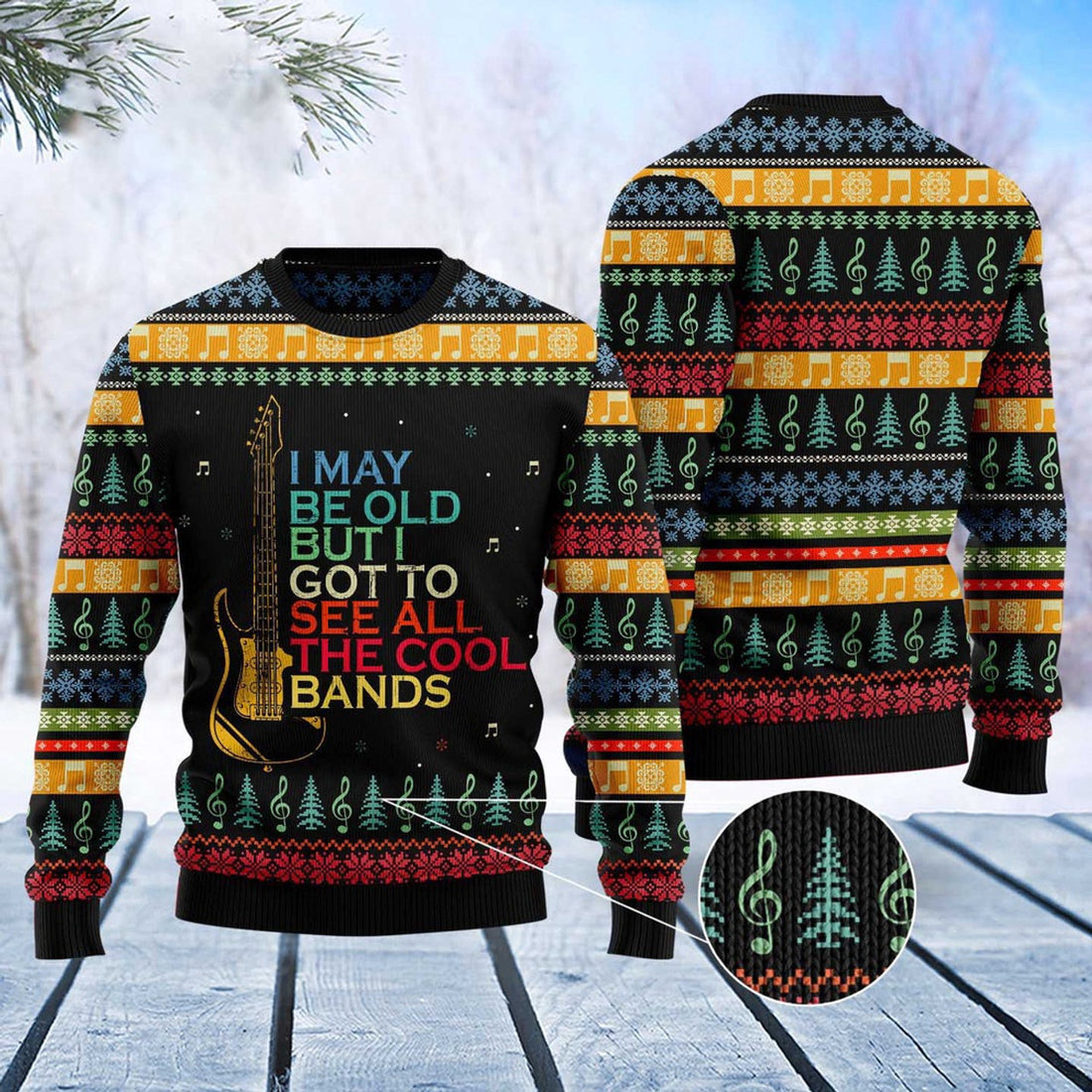 FUNSTUFFPRINT Guitar Old Vintage Ugly Christmas Sweater, Christmas Sweater, Ugly Sweater, Funny Xmas Sweaters Ugly Sweater