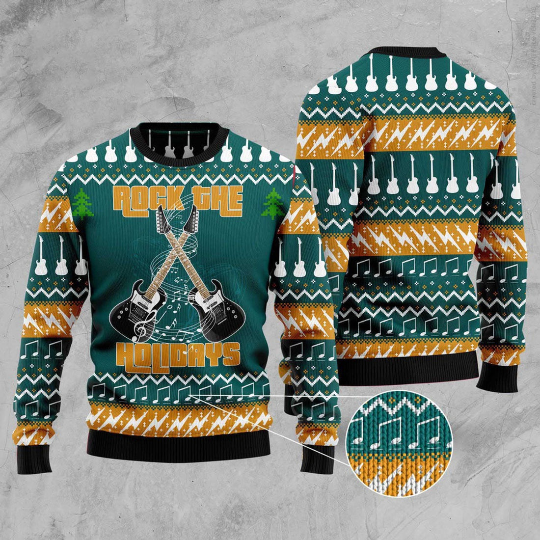 FUNSTUFFPRINT Guitar Rock The Holiday Ugly Christmas Sweater, Christmas Sweater, Ugly Sweater, Funny Xmas Sweaters Ugly Sweater