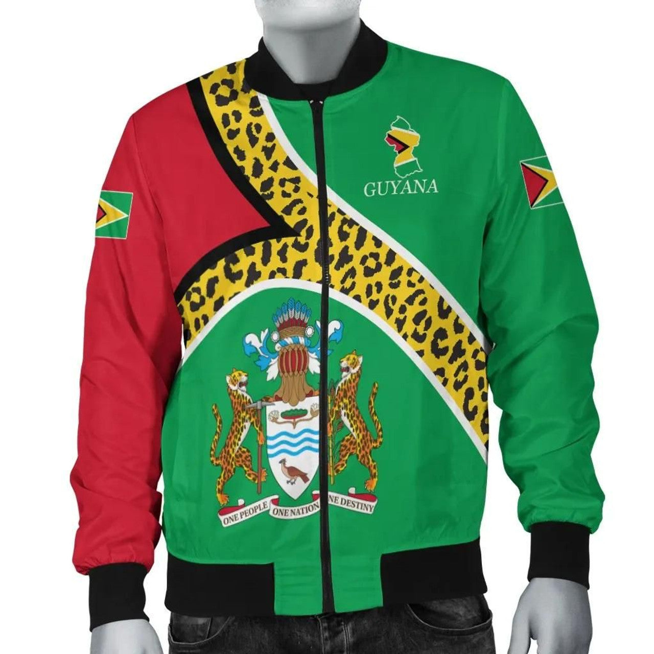 FUNSTUFFPRINT Guyana Bomber Jacket Flag Map CoA Limited 3D Bomber Jacket