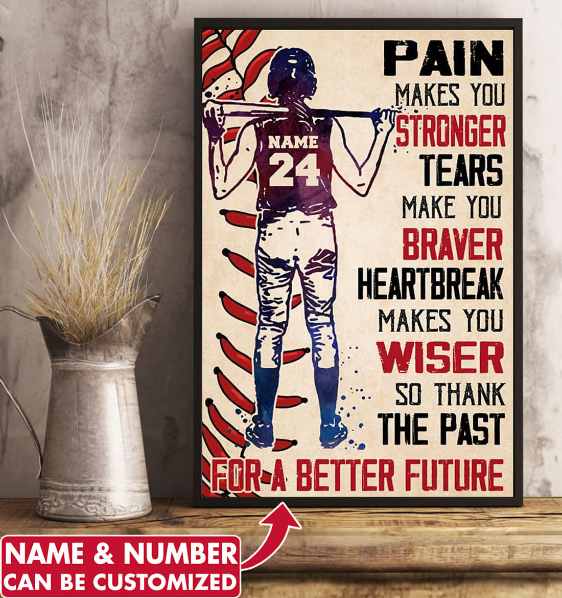 Custom Pain Makes You Stronger Tears Make You Braver Heartbreak Makes You Wiser Baseball Player Customized Personalized NAME/NUMBER Poster and Canvas