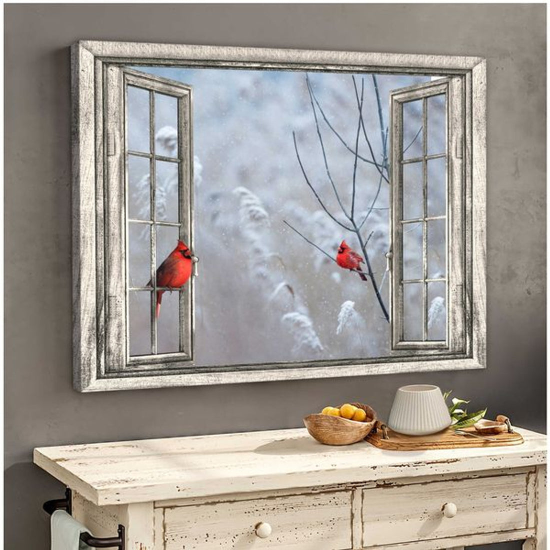 Cardinal Birds Open Window Gift Christmas Poster and Canvas