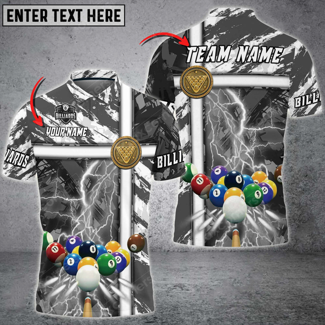 Custom Billiards Thunder Grunge Personalized Name, Team Name Unisex 3D Polo Shirt