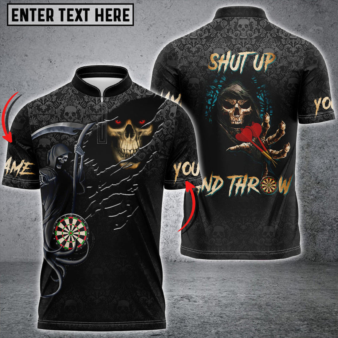 Custom Reaper Darts Personalized Name Zipper Polo Shirt, Shut Up and Throw 3D Dart Jersey Shirt