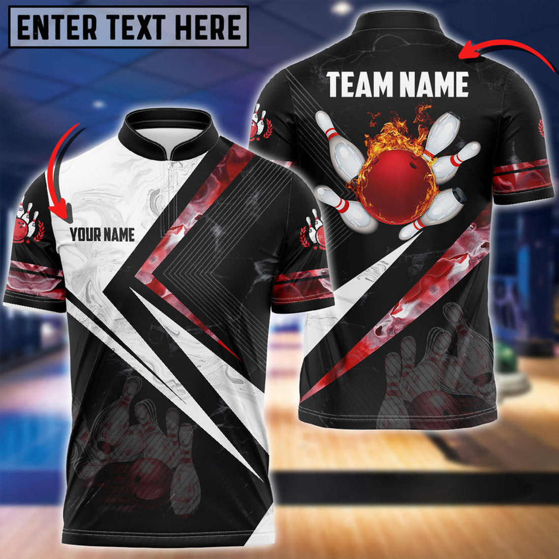 Custom Smoky Flame Bowling And Pins Multicolor Option Customized Name Zipper Polo Shirt