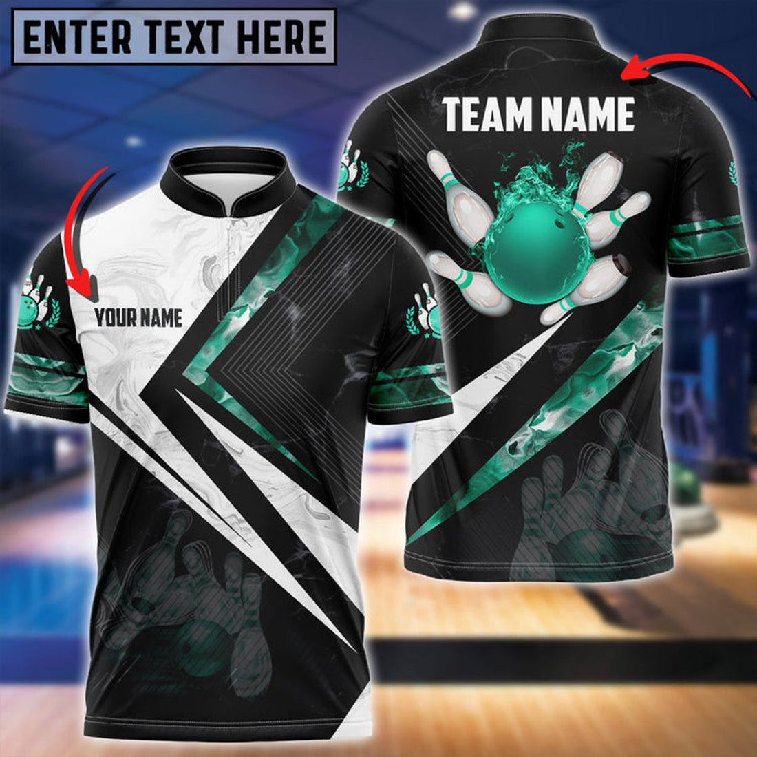Custom Smoky Flame Bowling And Pins Multicolor Option Customized Name Zipper Polo Shirt