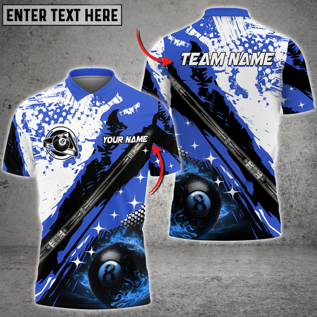 Custom Cue Billiards 8 Ball Grunge Multi Color Options Customized Name 3D Polo Shirt, Idea Gift for Pool Player
