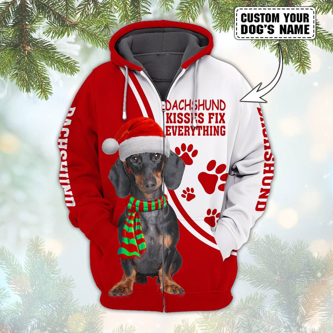 FUNSTUFFPRINT Kisses Fix EveryThing Dachshund - Personalized Name3D Hoodie and Zip Hoodie