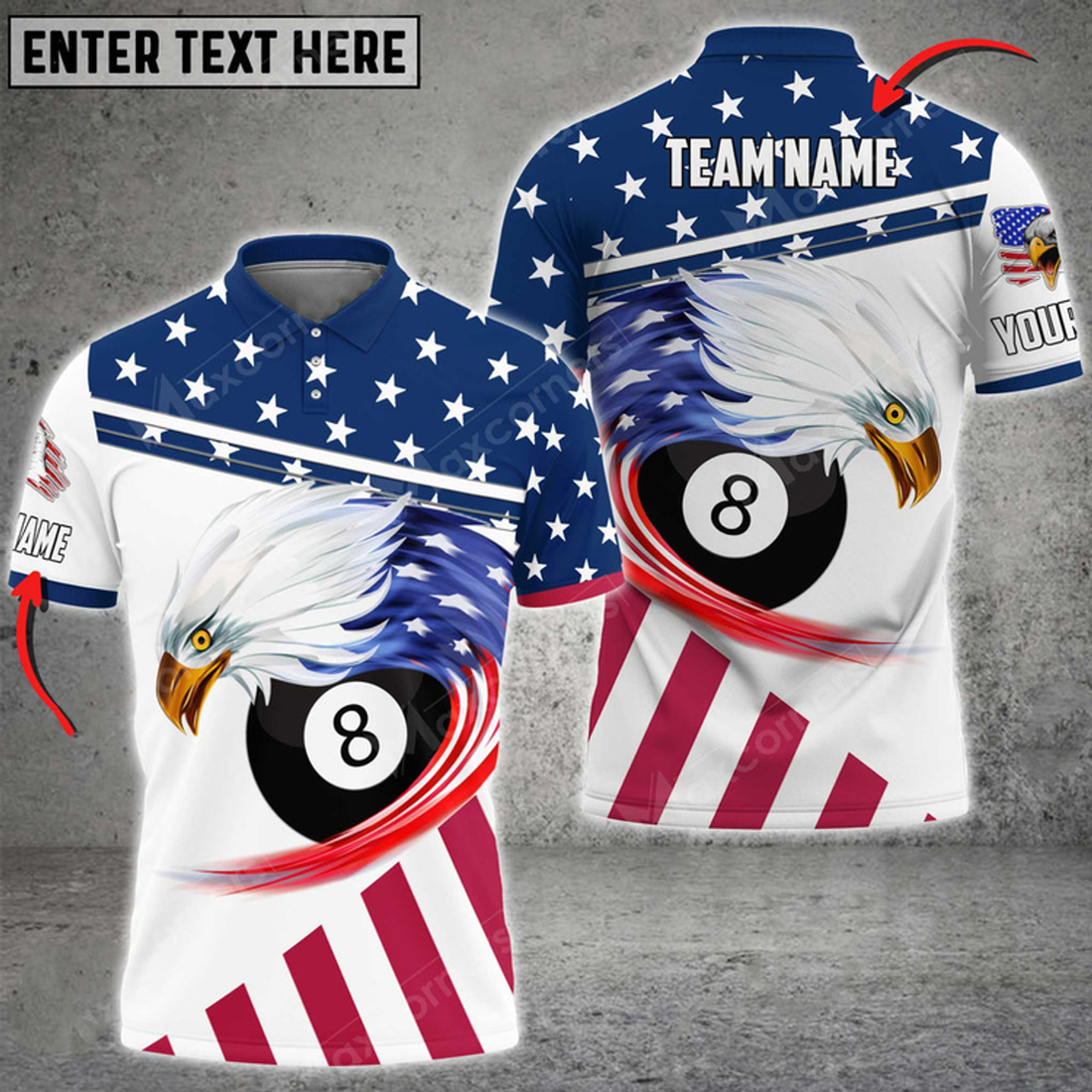 Custom Billiards Curved Eagle US Flag Customized Name, Team Name 3D Polo Shirt Multicolor Options