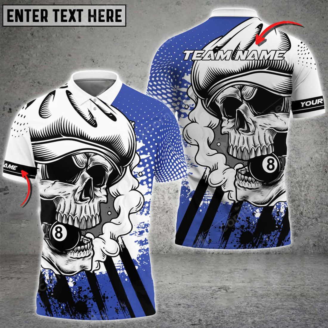 Custom Billiards Skull Holding 8 Ball Personalized Name, Team Name Billiard 3D Polo Shirt Multicolor Options