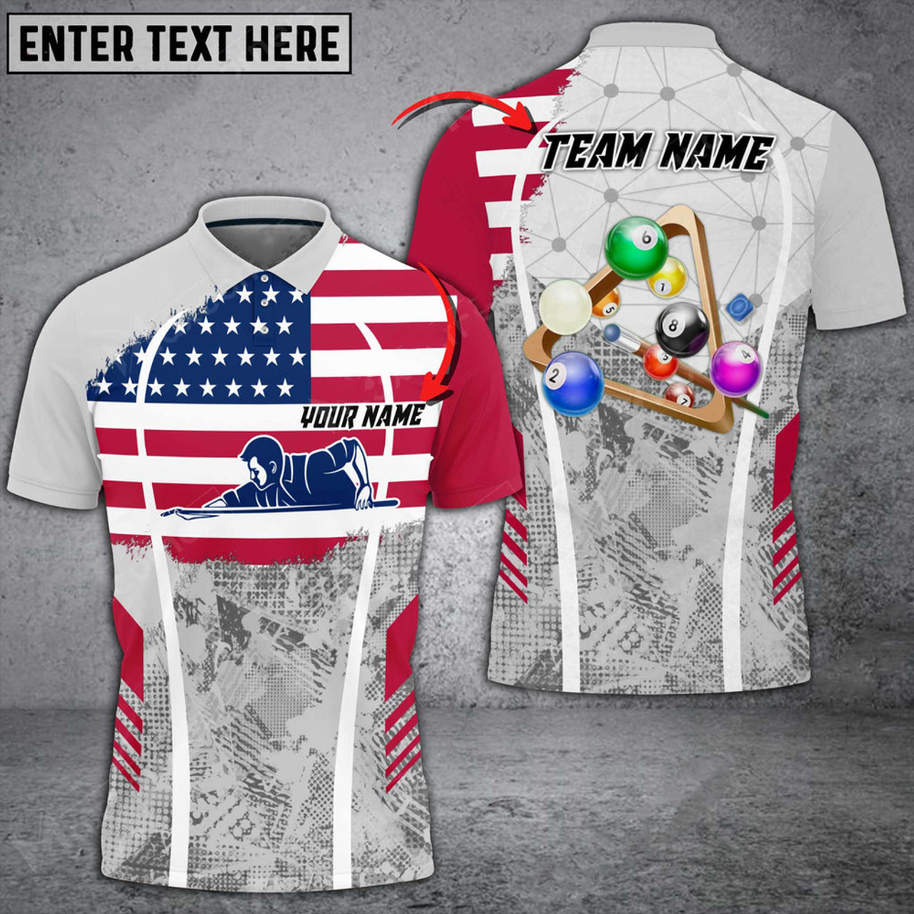Custom Billiards Grunge White US Flag Personalized Name 3D Polo Shirt, Gift for Pooler