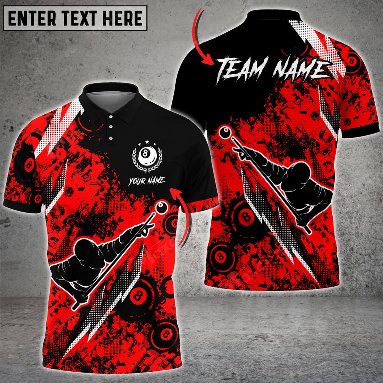 Custom Player Billiards 8 Ball Grunge Multi Color Options Personalized Name 3D Polo Shirt, Gift for Billiards Lovers