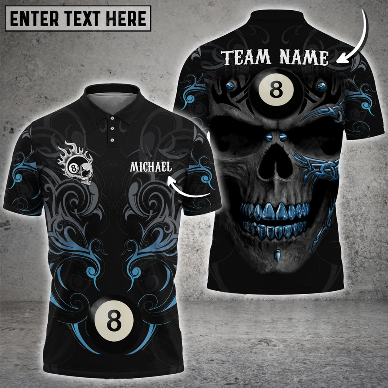 Custom Billiards Skull Tribal Pattern Personalized Name 3D Polo Shirt, Idea Gift for Billiards Lovers